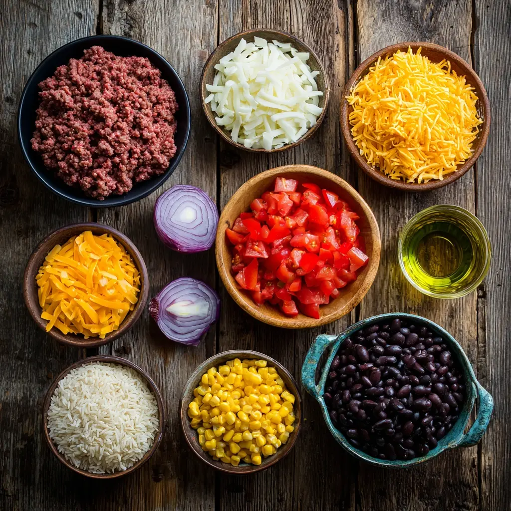 Ingredients for Tex Mex ground beef and rice bake including ground beef, rice, beans, and cheese