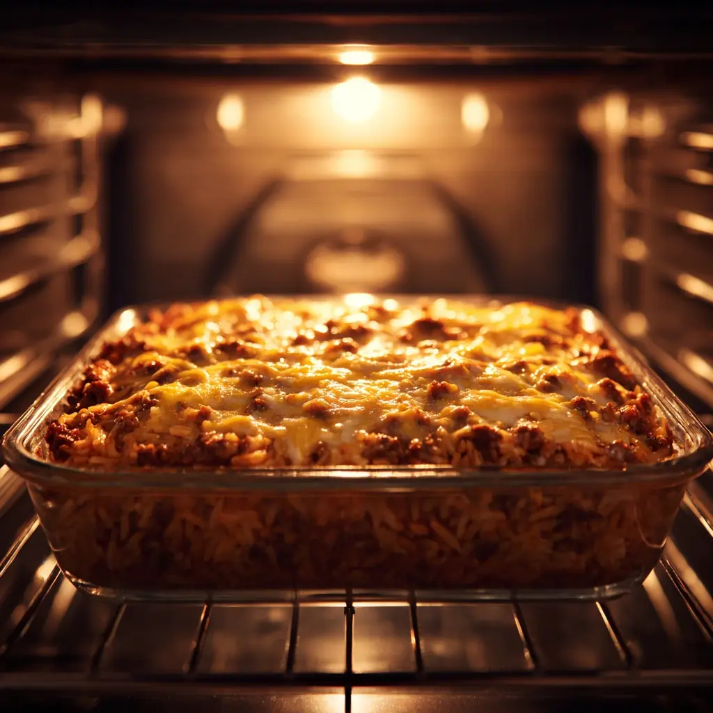 Tex Mex ground beef and rice bake bubbling in oven with golden cheese