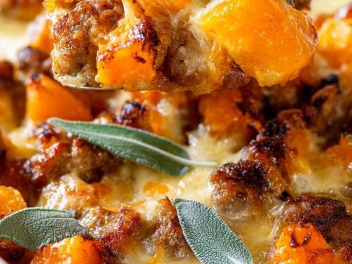 Cozy butternut squash and sausage casserole in a baking dish