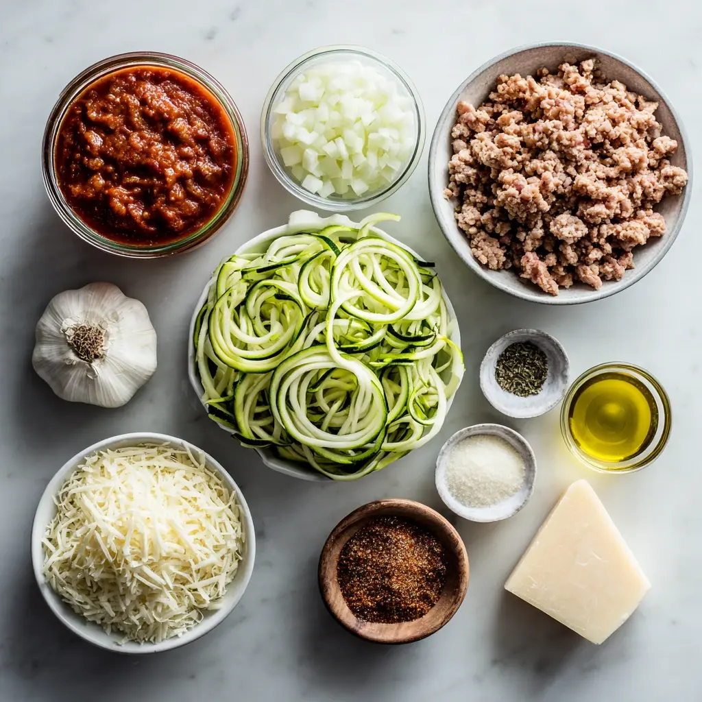 Fresh ingredients for zucchini noodle casserole on a kitchen counter