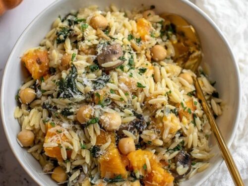 One Pot Fall Vegetable Orzo with Chickpeas in a bowl