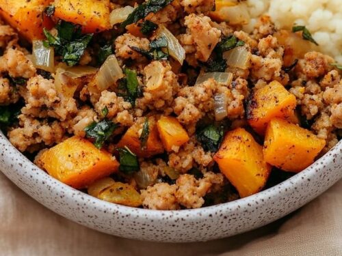 Delicious easy roasted butternut squash with ground turkey, a healthy meal option.