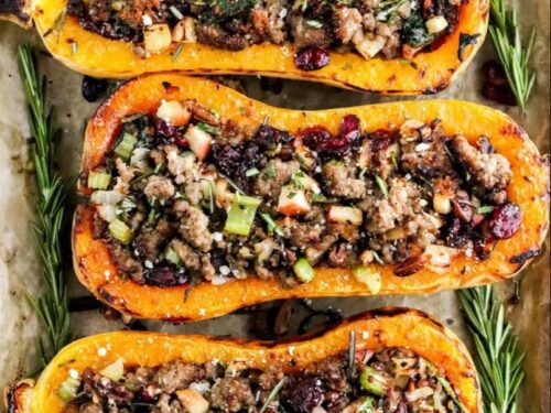 Delicious sausage stuffed butternut squash ready to serve