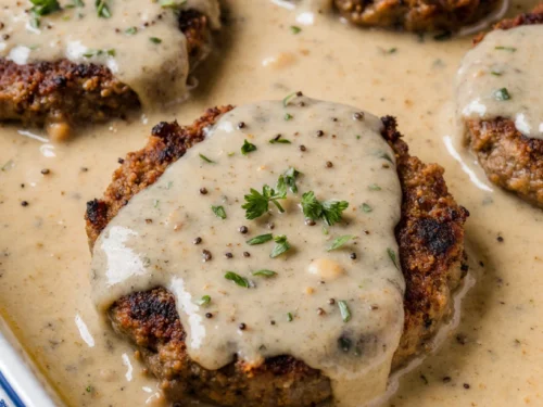 Delicious Amish Hamburger Steak Bake with savory gravy and vegetables
