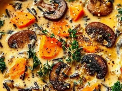 Bowl of comforting autumn wild rice soup with vegetables and herbs.