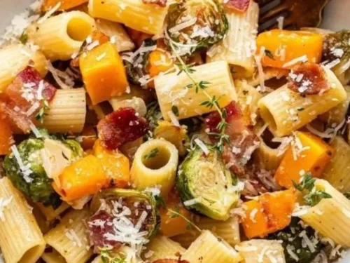 Bacon pasta with Brussels sprouts and butternut squash in a creamy sauce
