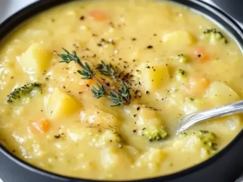 Creamy broccoli potato cheese soup in a bowl with fresh herbs