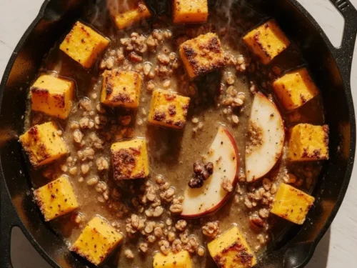 Baked butternut squash with apple slices, topped with spices and herbs