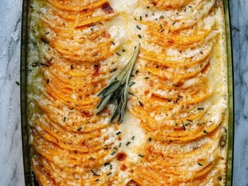 Delicious butternut squash gratin baked with cheese and herbs