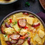 Bowl of Cajun Potato Soup garnished with herbs and spices