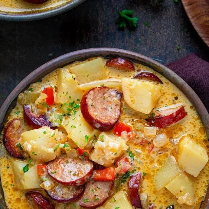 Bowl of Cajun Potato Soup garnished with herbs and spices