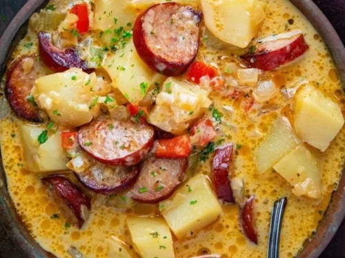 Bowl of Cajun Potato Soup garnished with herbs and spices