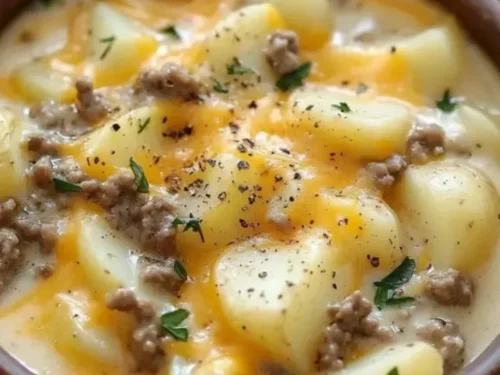 Bowl of cheesy hamburger potato soup topped with cheese and herbs