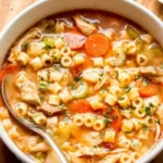 Bowl of delicious homemade chicken soup garnished with herbs