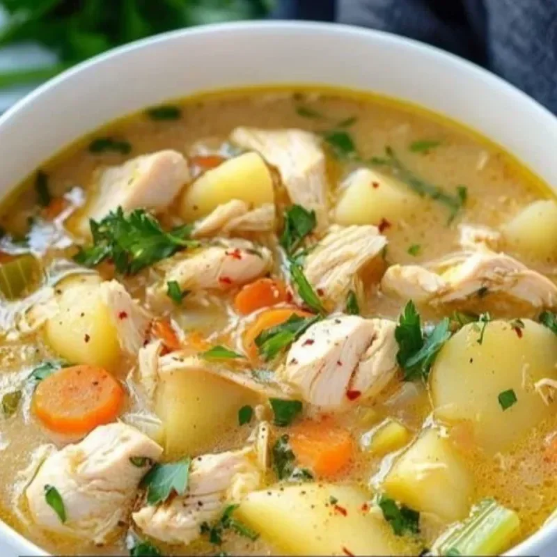 Bowl of comforting chicken soup with potatoes, garnished with herbs.