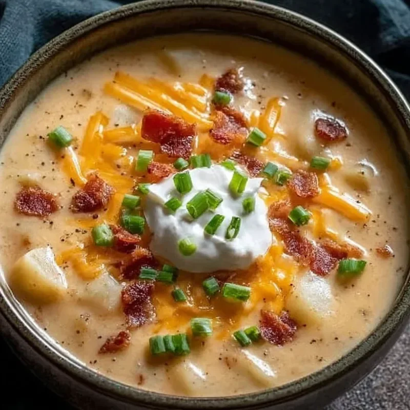 Bowl of comforting loaded baked potato soup topped with cheese, bacon, and chives