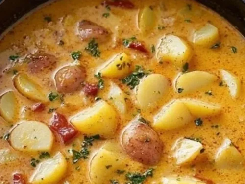 Bowl of creamy Cajun potato soup garnished with herbs and spices