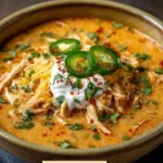 Bowl of creamy chicken enchilada soup garnished with cilantro and cheese