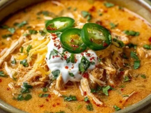 Bowl of creamy chicken enchilada soup garnished with cilantro and cheese