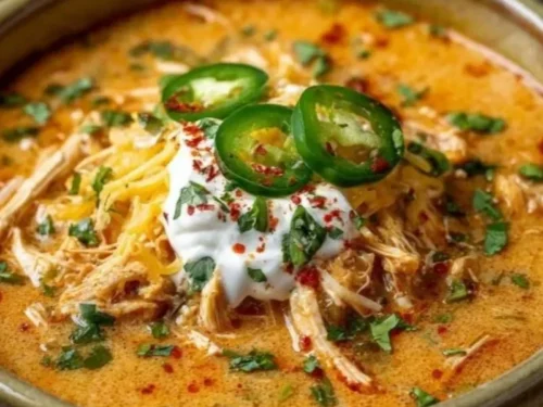 Bowl of creamy chicken enchilada soup topped with cheese and cilantro