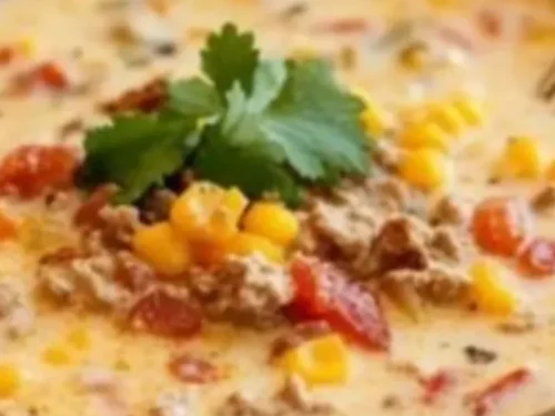 Bowl of creamy cowboy soup with vegetables and spices