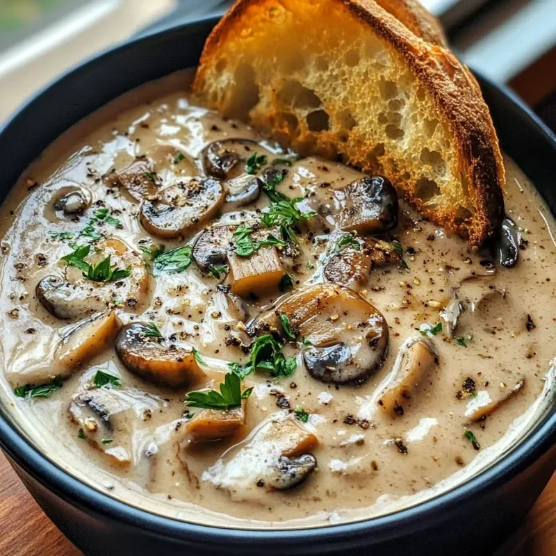 Bowl of creamy mushroom soup garnished with fresh herbs, perfect comfort food