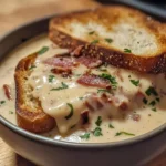 Creamy Reuben Soup garnished with herbs in a bowl