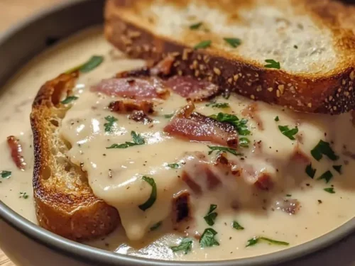Creamy Reuben Soup garnished with herbs in a bowl