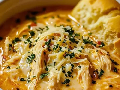 Crock Pot Creamy Chicken Parmesan Soup in a bowl with fresh parsley garnish.