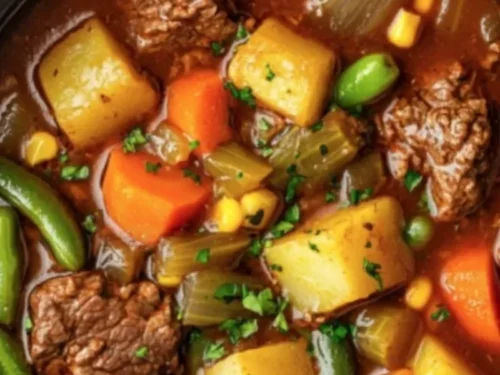 Crockpot Vegetable and Beef Soup with fresh vegetables and tender beef