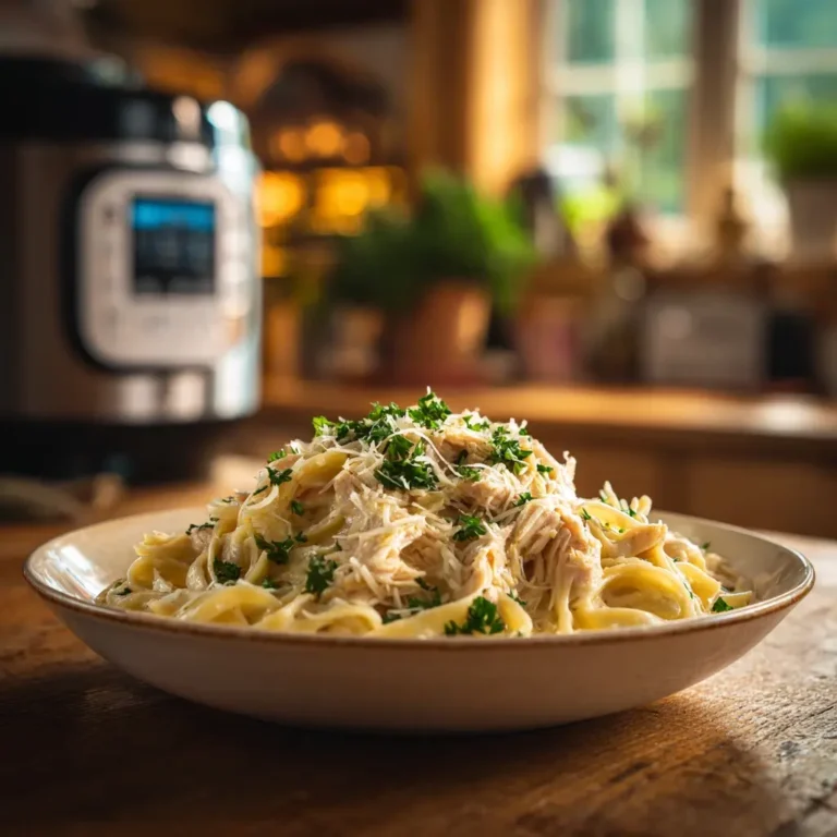 Creamy crockpot chicken alfredo served in a bowl with fresh parsley garnish.