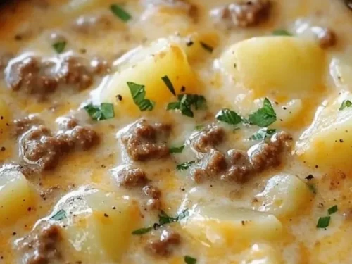 Bowl of Easy Cheesy Hamburger Potato Soup topped with cheese and herbs.