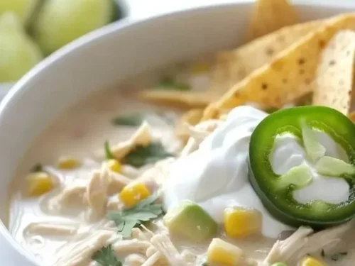 Bowl of easy crockpot white chicken chili soup garnished with cilantro