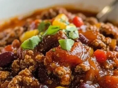 Delicious bowl of first place chili recipe topped with fresh herbs and cheese