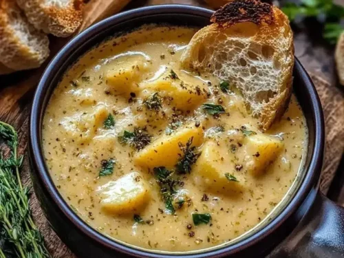 Bowl of hearty cheddar garlic herb potato soup topped with fresh herbs