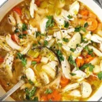 Bowl of homemade chicken soup with vegetables and herbs