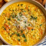 Bowl of Italian Penicillin Soup garnished with herbs and veggies