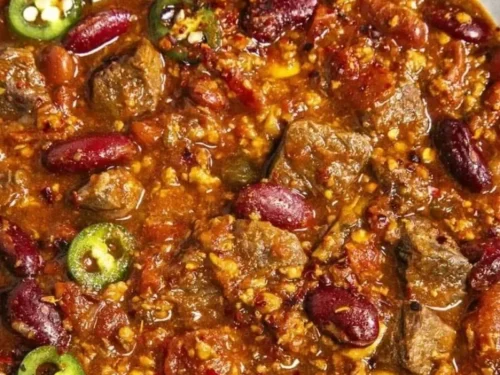 A delicious bowl of Mexican chili featuring beef short rib and chorizo.