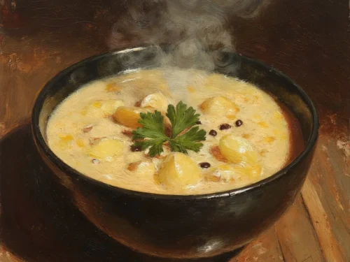Bowl of old-fashioned potato soup garnished with herbs and bread