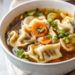 A bowl of delicious Potsticker Soup garnished with green onions and cilantro