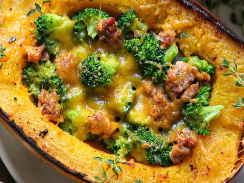Stuffed spaghetti squash with broccoli, spicy Italian sausage, and cheddar cheese.