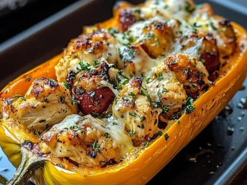 Honey roasted butternut squash stuffed with chicken, showcasing a delicious meal.