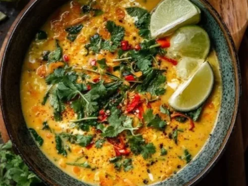 Bowl of Thai Coconut Red Lentil Soup with fresh herbs and spices
