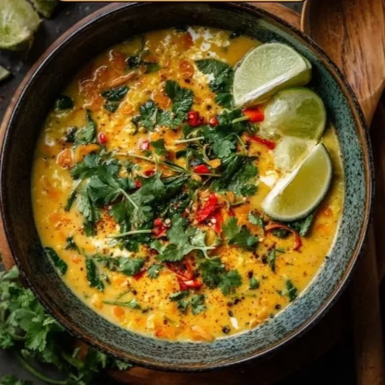 Bowl of Thai Coconut Red Lentil Soup with fresh herbs and spices