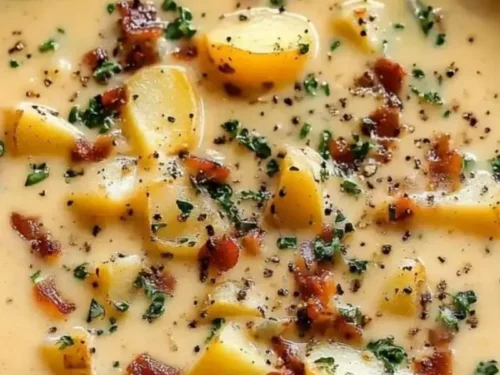 Bowl of delicious creamy potato soup garnished with herbs and spices.