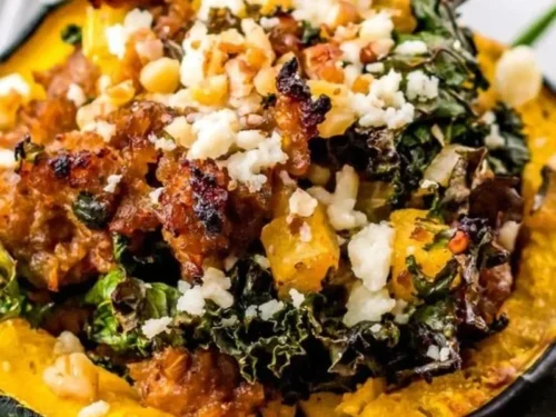 Rustic Sausage-Stuffed Acorn Squash filled with savory ingredients