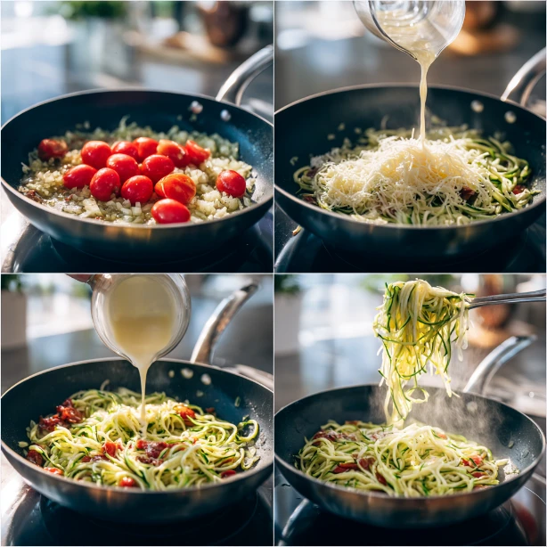 Sautéing onion and garlic in a skillet for healthy zucchini pasta tuscan