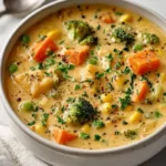 Delicious Veggie Pot Pie Soup in a bowl, garnished with fresh herbs.