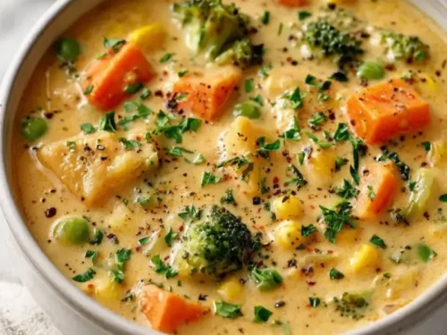 Delicious Veggie Pot Pie Soup in a bowl, garnished with fresh herbs.