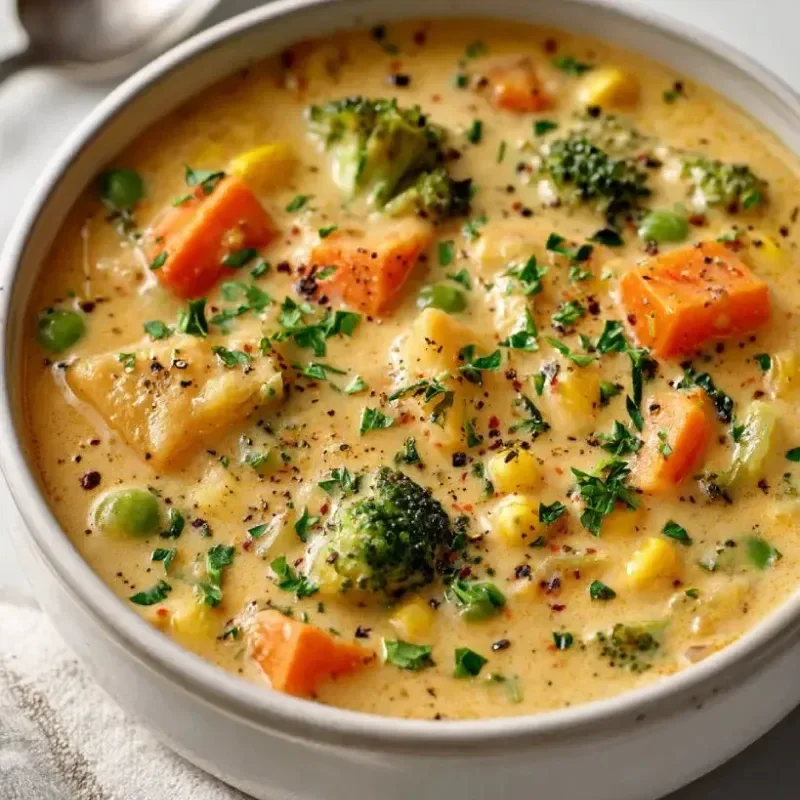 Delicious Veggie Pot Pie Soup in a bowl, garnished with fresh herbs.